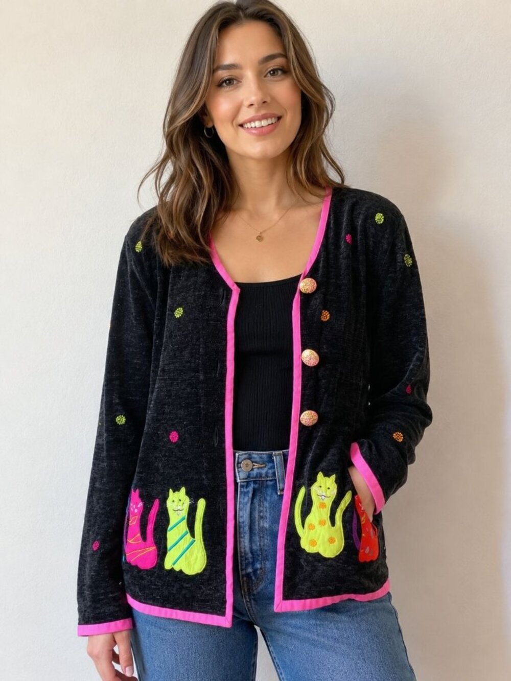 VTG DK Daniel K Cat Creations Sweater Cardigan Size L Long Sleeve Black Cute! 90